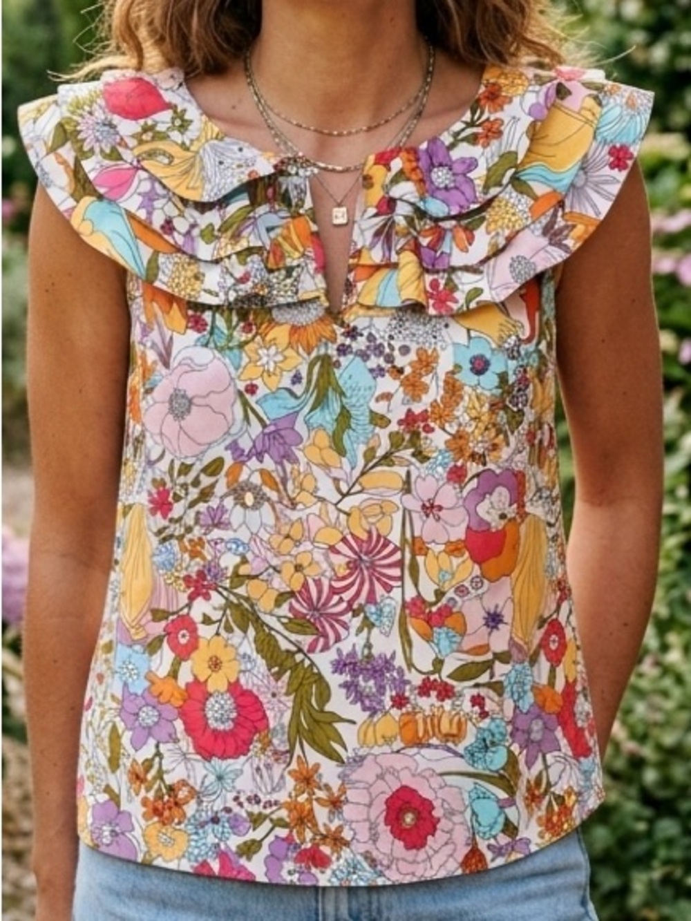 Liberty London Target Floral Ruffle Blouse Cottagecore Boho Sleeveless Top Small
